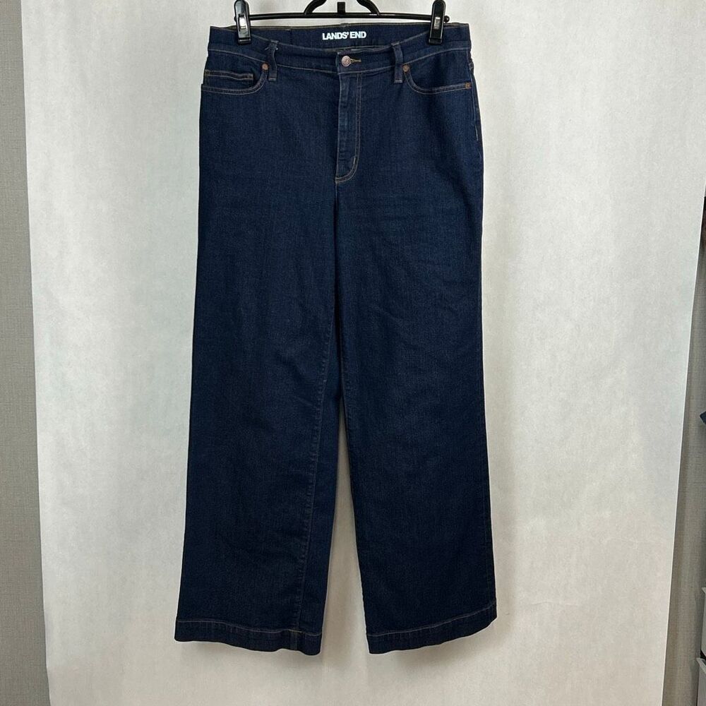 Lands' End Wide Leg Ankle Crop Denim Jeans Sz 14 High Rise 31" Inseam Dark Blue